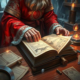 A captivating fantasy illustration depicting the viewer's perspective of looking over the shoulder of a wizard dressed in elegant red and white robes, hastily flipping through the pages of an ancient mystical book resting on a wooden table