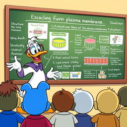 A lively cartoon-style illustration of Donald Duck energetically teaching a fun class about the plasma membrane