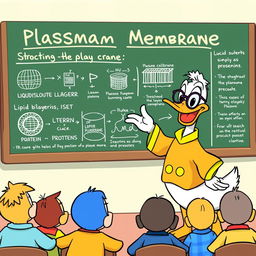 A lively cartoon-style illustration of Donald Duck energetically teaching a fun class about the plasma membrane