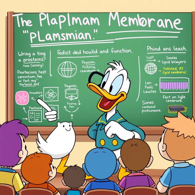 A lively cartoon-style illustration of Donald Duck energetically teaching a fun class about the plasma membrane