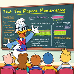 A lively cartoon-style illustration of Donald Duck energetically teaching a fun class about the plasma membrane