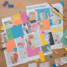 Craft a vibrant collage illustrating elements of lesson planning for an Arts class. Include snippets from magazines and old books, showcasing creativity, art tools, lesson templates, objectives, children actively drawing or painting, and other relevant educational resources.