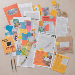 Craft a vibrant collage illustrating elements of lesson planning for an Arts class. Include snippets from magazines and old books, showcasing creativity, art tools, lesson templates, objectives, children actively drawing or painting, and other relevant educational resources.