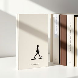 A book cover featuring a minimalist design showcasing a person walking, accompanied by a striking shadow that adds depth to the composition