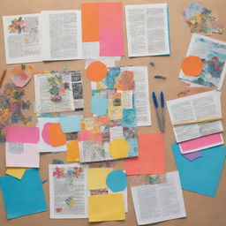 Craft a vibrant collage illustrating elements of lesson planning for an Arts class. Include snippets from magazines and old books, showcasing creativity, art tools, lesson templates, objectives, children actively drawing or painting, and other relevant educational resources.