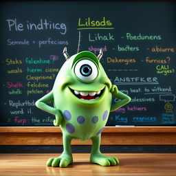 A cartoon monster resembling Mike Wazowski from Monsters, Inc