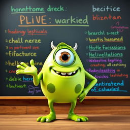 A cartoon monster resembling Mike Wazowski from Monsters, Inc