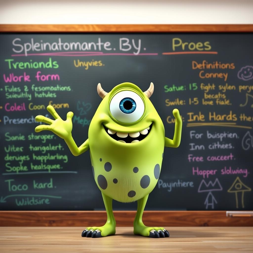 A cartoon monster resembling Mike Wazowski from Monsters, Inc