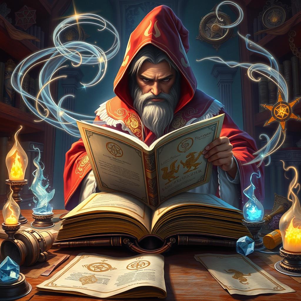 A mesmerizing fantasy illustration showcasing the viewer's perspective looking over the shoulder of a wizard dressed in vibrant red and white robes, hastily flipping through the pages of a large, ancient spellbook