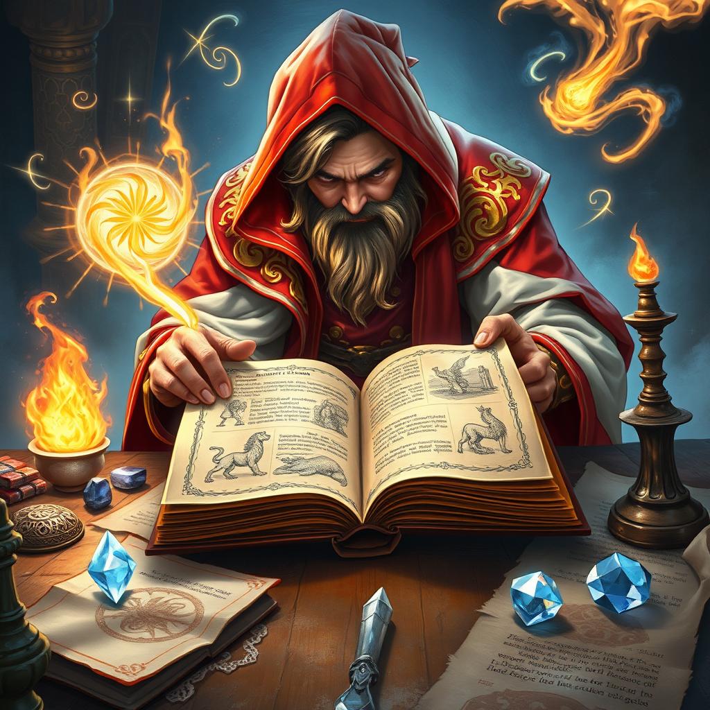 A mesmerizing fantasy illustration showcasing the viewer's perspective looking over the shoulder of a wizard dressed in vibrant red and white robes, hastily flipping through the pages of a large, ancient spellbook