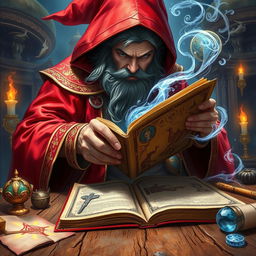 A mesmerizing fantasy illustration showcasing the viewer's perspective looking over the shoulder of a wizard dressed in vibrant red and white robes, hastily flipping through the pages of a large, ancient spellbook