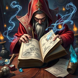 A mesmerizing fantasy illustration showcasing the viewer's perspective looking over the shoulder of a wizard dressed in vibrant red and white robes, hastily flipping through the pages of a large, ancient spellbook