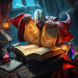 A striking fantasy illustration depicting the viewer's perspective of looking over the shoulder of a wizard adorned in vibrant red and white robes, hastily flipping through the pages of a large, ornate spellbook resting on an ancient wooden table