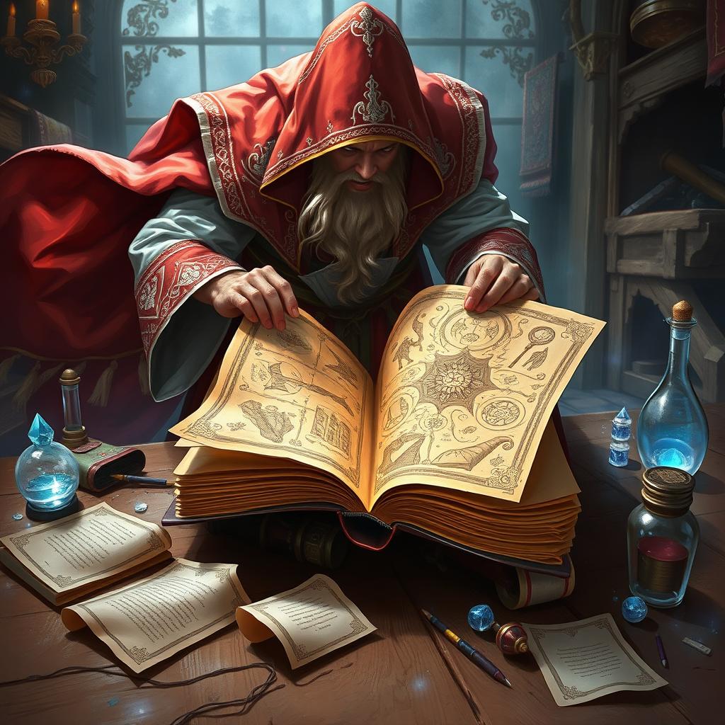 A striking fantasy illustration depicting the viewer's perspective of looking over the shoulder of a wizard adorned in vibrant red and white robes, hastily flipping through the pages of a large, ornate spellbook resting on an ancient wooden table