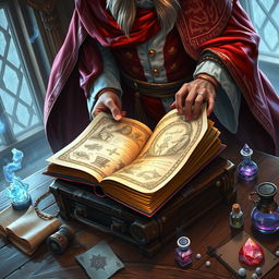 A striking fantasy illustration depicting the viewer's perspective of looking over the shoulder of a wizard adorned in vibrant red and white robes, hastily flipping through the pages of a large, ornate spellbook resting on an ancient wooden table