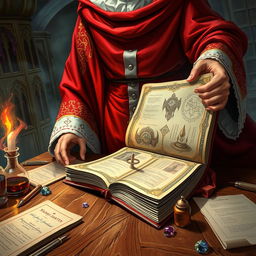 A striking fantasy illustration depicting the viewer's perspective of looking over the shoulder of a wizard adorned in vibrant red and white robes, hastily flipping through the pages of a large, ornate spellbook resting on an ancient wooden table