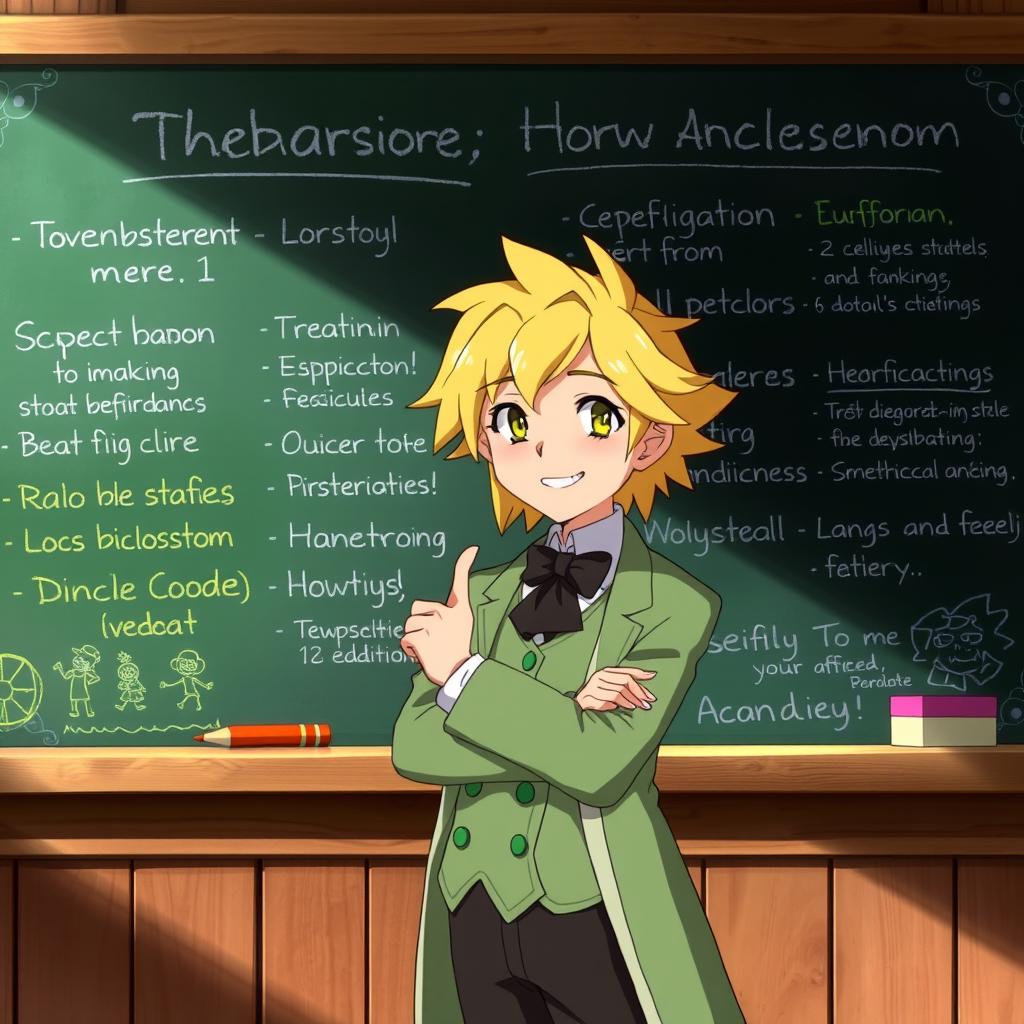 Howl from Howl's Moving Castle, with his characteristic blonde hair and stylish clothing, standing elegantly in front of a chalkboard