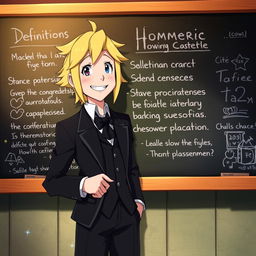 Howl from Howl's Moving Castle, with his characteristic blonde hair and stylish clothing, standing elegantly in front of a chalkboard