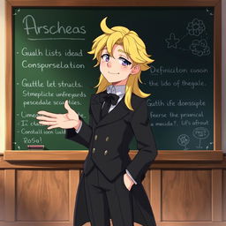 Howl from Howl's Moving Castle, with his characteristic blonde hair and stylish clothing, standing elegantly in front of a chalkboard