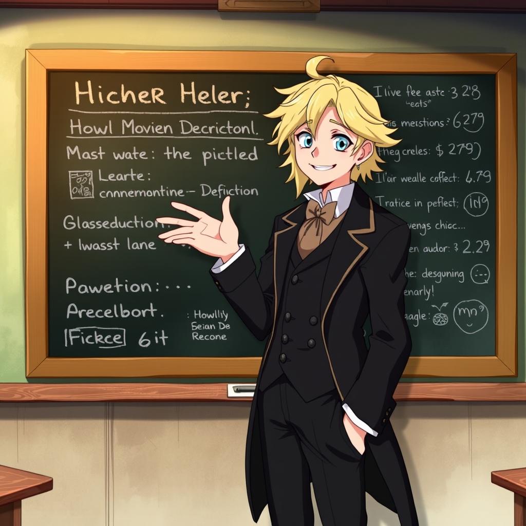 Howl from Howl's Moving Castle, with his characteristic blonde hair and stylish clothing, standing elegantly in front of a chalkboard