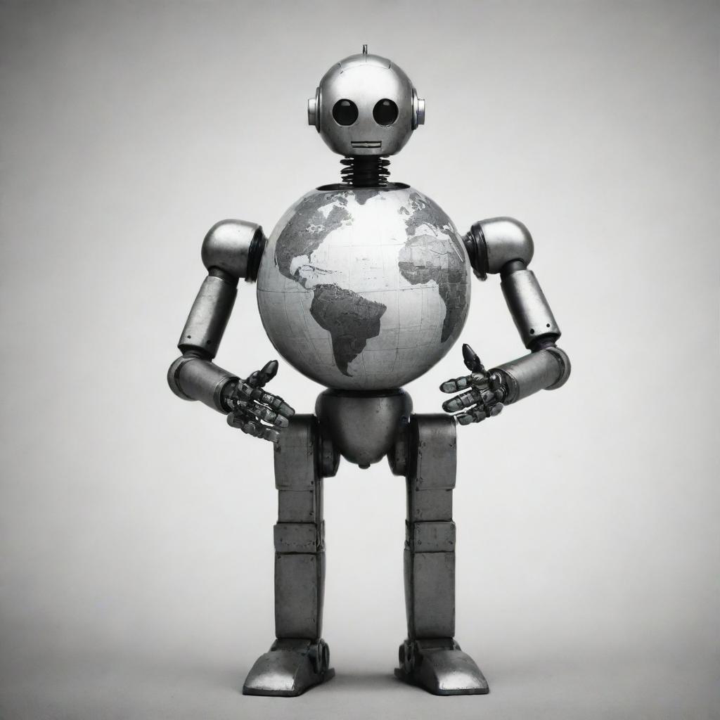 Modify the previously generated image of a robot holding a globe to adopt a stylized stencil art aesthetic. Retain key details yet introduce monochrome tones and sharp contrasts.