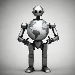 Modify the previously generated image of a robot holding a globe to adopt a stylized stencil art aesthetic. Retain key details yet introduce monochrome tones and sharp contrasts.