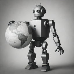 Modify the previously generated image of a robot holding a globe to adopt a stylized stencil art aesthetic. Retain key details yet introduce monochrome tones and sharp contrasts.