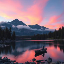 A serene mountain landscape during sunset, featuring a clear sky with vibrant pink and orange hues