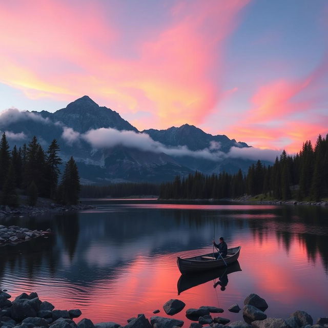 A serene mountain landscape during sunset, featuring a clear sky with vibrant pink and orange hues