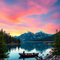 A serene mountain landscape during sunset, featuring a clear sky with vibrant pink and orange hues