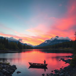 A serene mountain landscape during sunset, featuring a clear sky with vibrant pink and orange hues