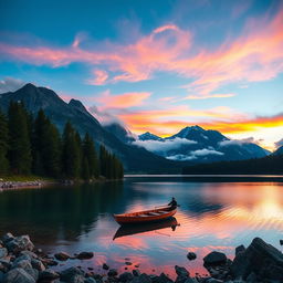 A serene mountain landscape during sunset, featuring a clear sky with vibrant pink and orange hues