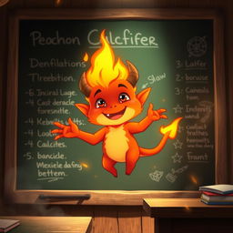 Calcifer from Howl's Moving Castle, depicted as a small, animated fire demon with a cheerful expression, floating in front of a chalkboard