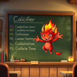 Calcifer from Howl's Moving Castle, depicted as a small, animated fire demon with a cheerful expression, floating in front of a chalkboard