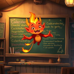 Calcifer from Howl's Moving Castle, depicted as a small, animated fire demon with a cheerful expression, floating in front of a chalkboard