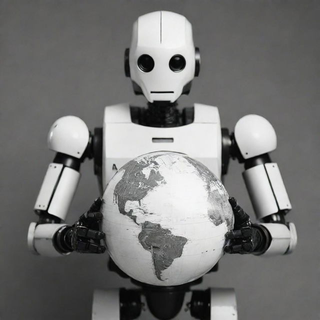 Modify the previously generated image of a robot holding a globe to adopt a stylized stencil art aesthetic. Retain key details yet introduce monochrome tones and sharp contrasts.