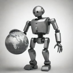 Modify the previously generated image of a robot holding a globe to adopt a stylized stencil art aesthetic. Retain key details yet introduce monochrome tones and sharp contrasts.