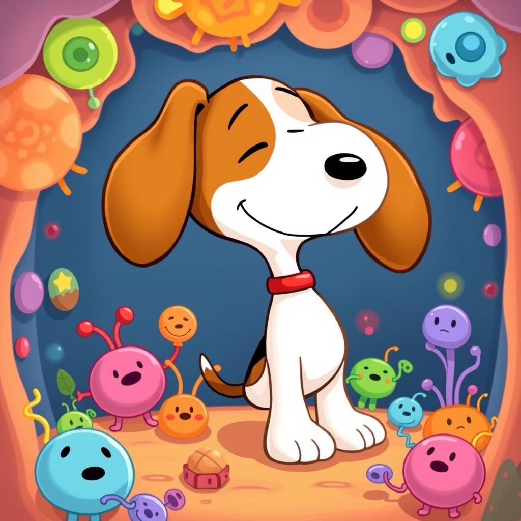 A cute and charming illustration featuring Snoopy, the beloved cartoon beagle, styled with elements inspired by Osmosis Jones