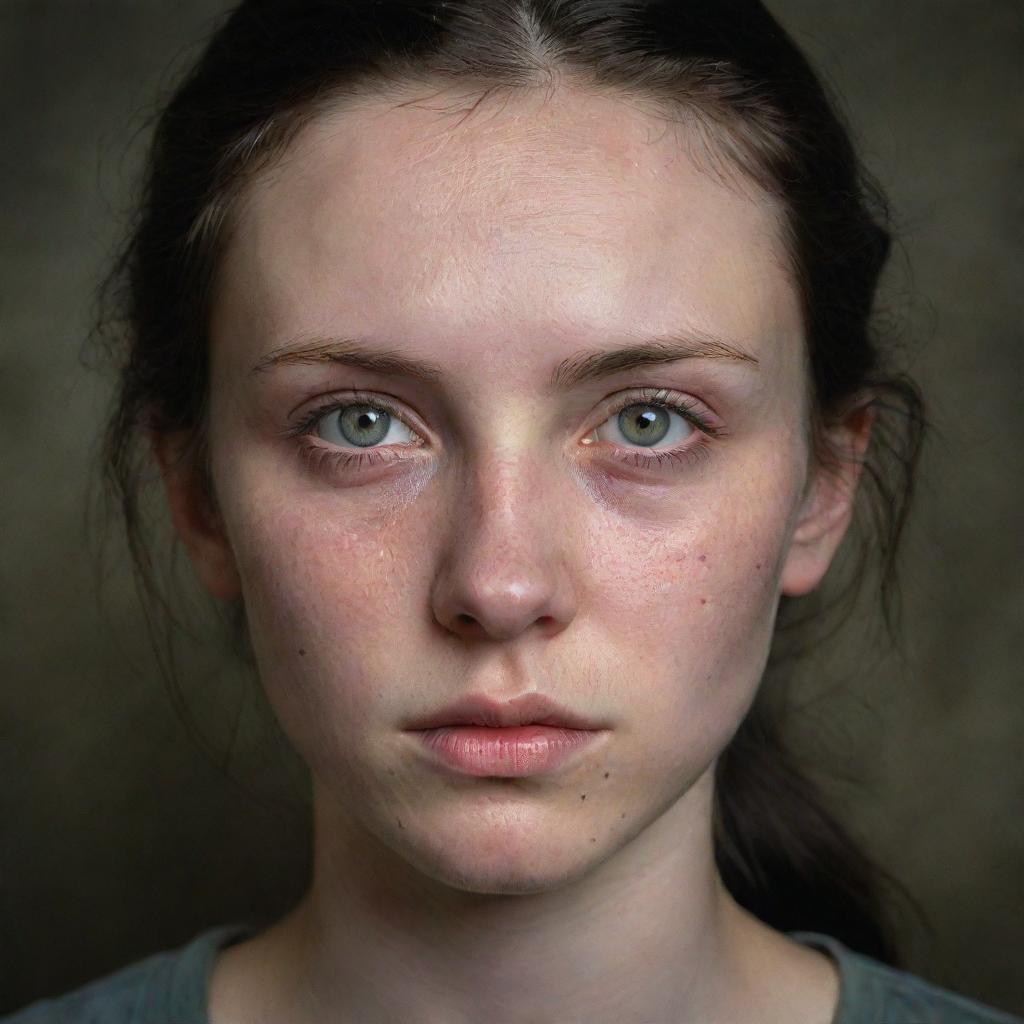 Craft a 16k, detailed, photo-realistic image of a sorrowful 23-year-old woman with pale hazel-green eyes and dark unruly hair, set against a war-torn backdrop. She has symmetrical facial features, closed eyes with teardrops on her lashes and tear tracks on her face, echoing James Nachtwey's photographic style.