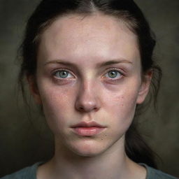 Craft a 16k, detailed, photo-realistic image of a sorrowful 23-year-old woman with pale hazel-green eyes and dark unruly hair, set against a war-torn backdrop. She has symmetrical facial features, closed eyes with teardrops on her lashes and tear tracks on her face, echoing James Nachtwey's photographic style.