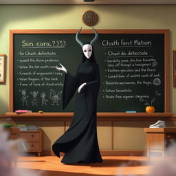 Sin Cara from Spirited Away, gracefully positioned in front of a large chalkboard