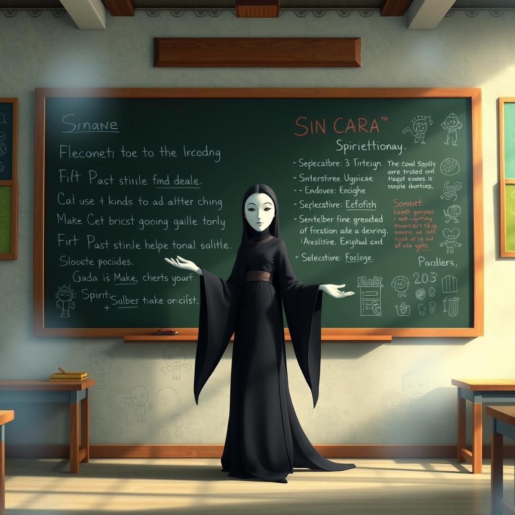 Sin Cara from Spirited Away, gracefully positioned in front of a large chalkboard