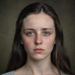 Craft a 16k, detailed, photo-realistic image of a sorrowful 23-year-old woman with pale hazel-green eyes and dark unruly hair, set against a war-torn backdrop. She has symmetrical facial features, closed eyes with teardrops on her lashes and tear tracks on her face, echoing James Nachtwey's photographic style.