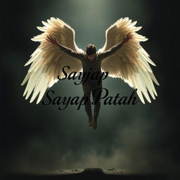 An image of a man hovering slightly above the ground, with ethereal angel-like wings that spread majestically behind him