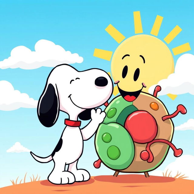 A cute illustration of Snoopy, the iconic cartoon beagle, cheerfully waving at a friendly cartoon cell