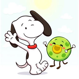 A cute illustration of Snoopy, the iconic cartoon beagle, cheerfully waving at a friendly cartoon cell