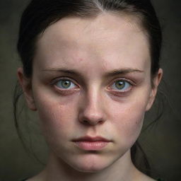 Craft a 16k, detailed, photo-realistic image of a sorrowful 23-year-old woman with pale hazel-green eyes and dark unruly hair, set against a war-torn backdrop. She has symmetrical facial features, closed eyes with teardrops on her lashes and tear tracks on her face, echoing James Nachtwey's photographic style.