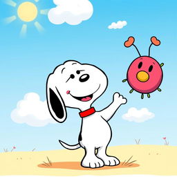 A cute illustration of Snoopy, the iconic cartoon beagle, cheerfully waving at a friendly cartoon cell