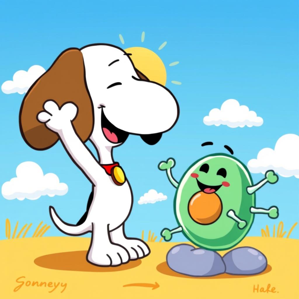 A cute illustration of Snoopy, the iconic cartoon beagle, cheerfully waving at a friendly cartoon cell