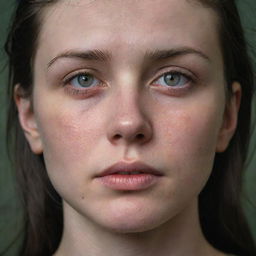 Craft a 16k, detailed, photo-realistic image of a sorrowful 23-year-old woman with pale hazel-green eyes and dark unruly hair, set against a war-torn backdrop. She has symmetrical facial features, closed eyes with teardrops on her lashes and tear tracks on her face, echoing James Nachtwey's photographic style.